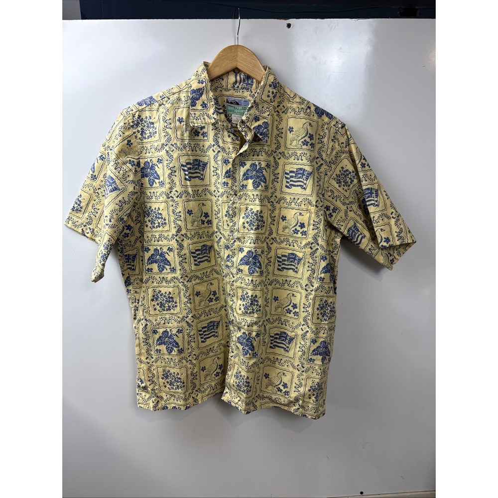 Reyn Spooner Classic Hawaiian Flag State Bird 1/4 Button Shirt Men's L Yellow